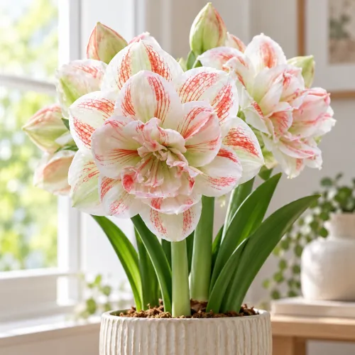 Amaryllis Double Nymph – plnokvetý bielo-koralový amaryllis