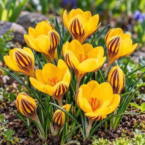 Krokus Fuscotinctus – botanický žltý pruhovaný krokus