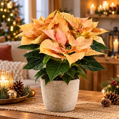 Vianočná ruža 'Autumn Leaves' – broskyňová poinsettia, Ø11 cm Vianočná ruža 'Autumn Leaves' – broskyňová poinsettia, Ø11 cm